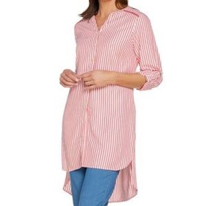 Button Front Extra Long Tunic Blouse Coral Stripe